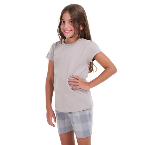 Girls summer pajama set Grey t-shirt + Grey Checkered shorts